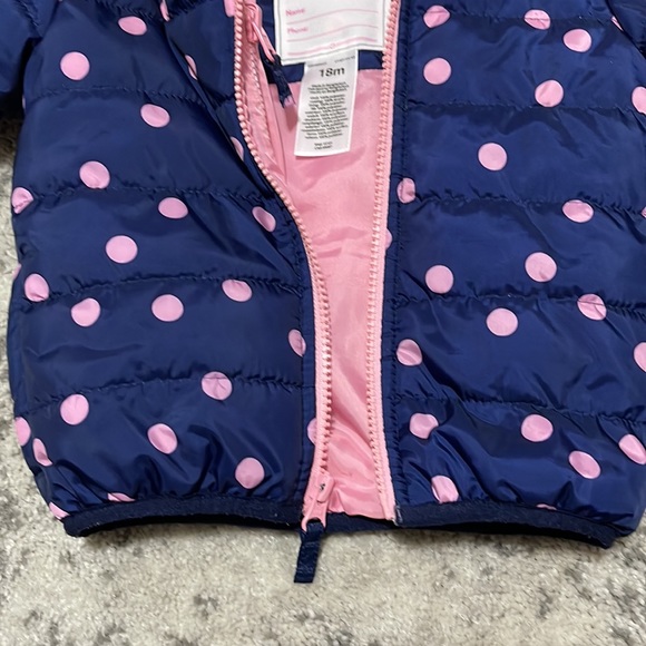 Carter’s Girls Winter Puffer Coat Navy with Pink Polka Dots - Picture 5 of 8